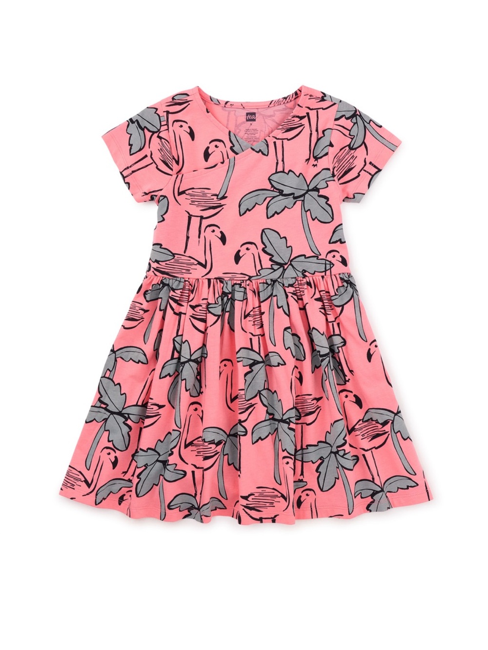 Tea Collection Short Sleeve Wrap Neck Dress flamingo print, size 3T